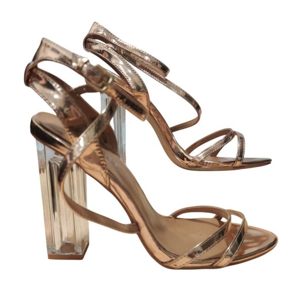 Report 8.5 Rose Gold Strappy Lucite Block Heel Sandals Y2K Club Kid Party Shoe - Picture 1 of 11